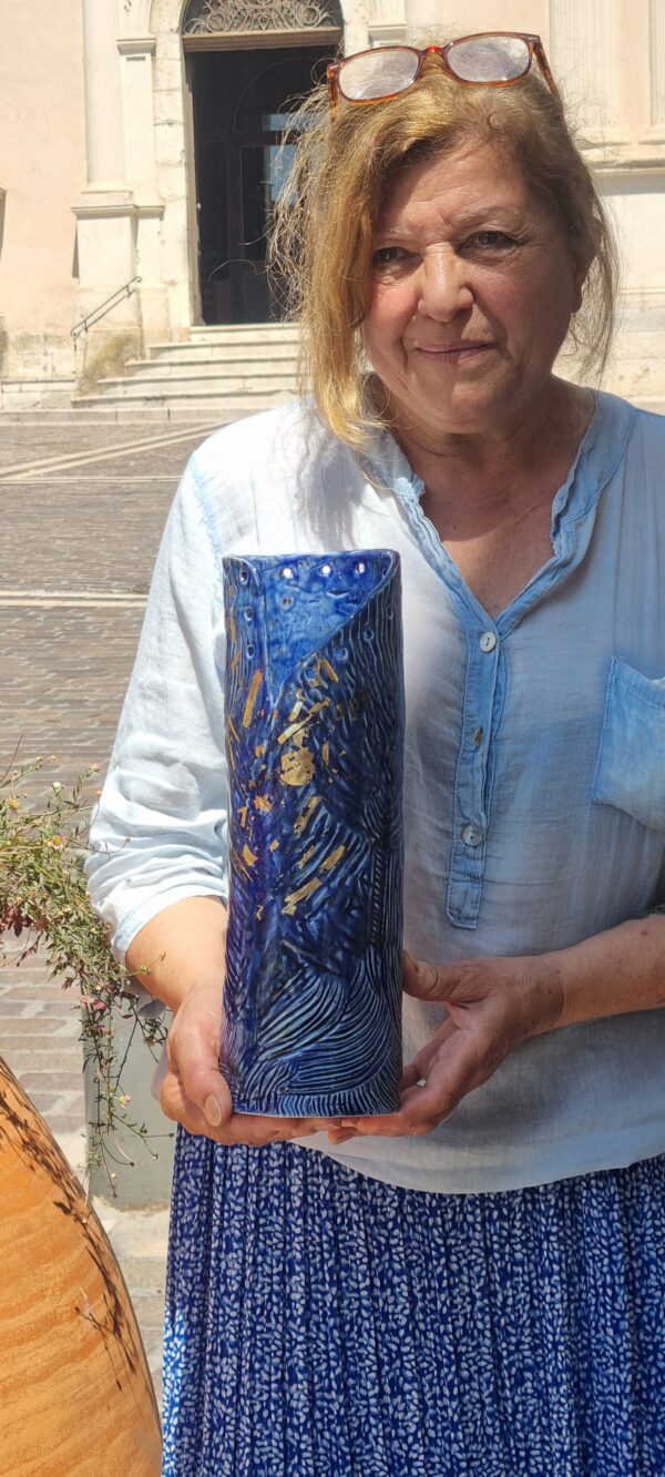 Vase déco - Porcelaine - Bleu et feuille d'or – Image 5