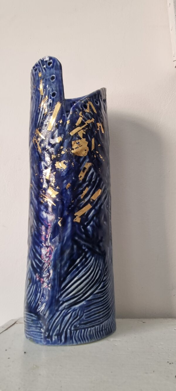 Vase déco - Porcelaine - Bleu et feuille d'or – Image 9